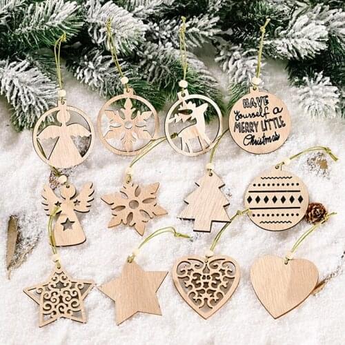 12pcs/box Christmas Wooden Pendants Xmas Tree Hanging Ornaments DIY Wood Crafts For Home 2021 Party New Year Decorations