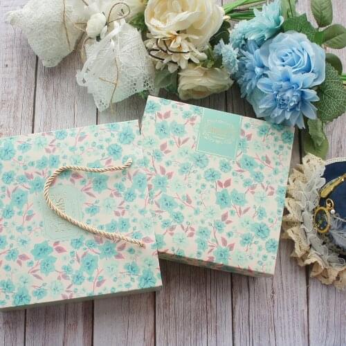 18.5*18.5*6cm 3set Blue Flower Garden Gold Sweet Design Paper Box + Bag As Baby Shower Birthday Wedding Gift Packaging Use