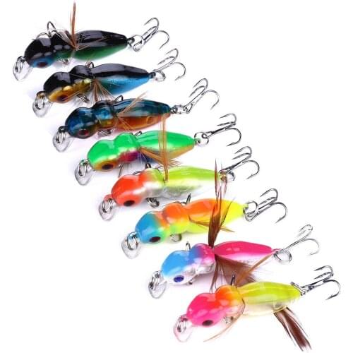 8PCS Mini Artifician Insect Lure Plastic Hard Bait Feather Wing baits Top water Flying Lures 4.5cm 3.4g