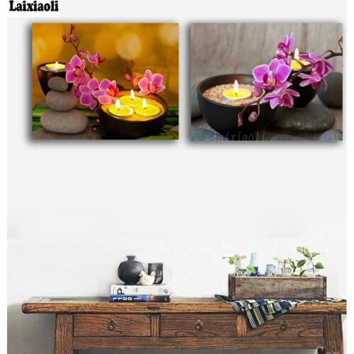 Diamond embroidery wall decor orchids with tealights zen stone cross stitch diamond painting full square round drill mosaic art