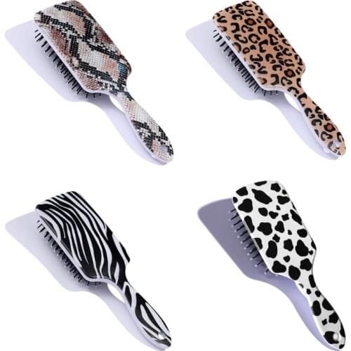 Rectangle Head Anti-Static Detangler Hair Brush Leopard Snakeskin Print Air Bag Cushion Massage Comb for Long Thick Hair