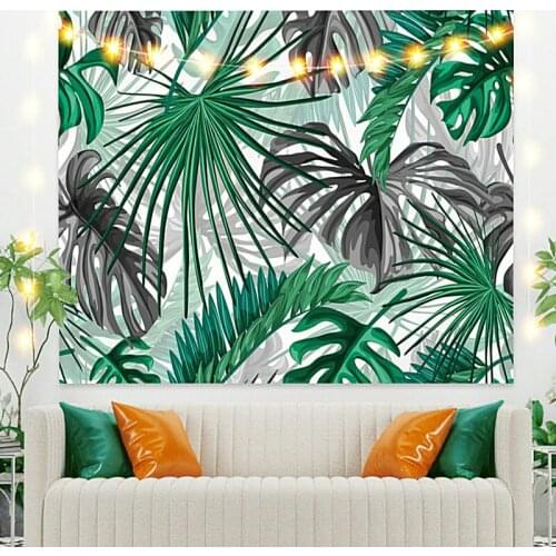 Black with Green Leaves Tapestry Vintage Exotic Summer Plant Nature Frame for Bedroom Photography Wall Decor