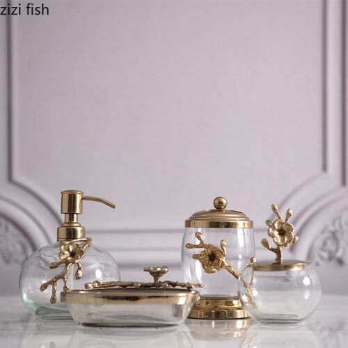 European Crystal Shower Accessories Soap Dispenser Vintage Copper Crafts Bathroom Accessories Wash Tools Gilded Bath Supplies