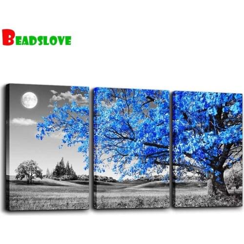 3 pcs diy diamond painting Blue tree moon landscape diamond embroidery full square round diamond mosaic rhinestone painting