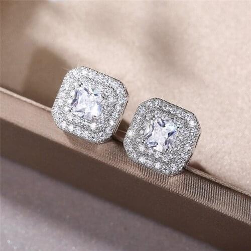 Huitan Classic Jewelry Geometric Shaped Stud Earrings for Women White/Blue/Green/Rose Red CZ Colors Eternity Earrings 2021 Trend