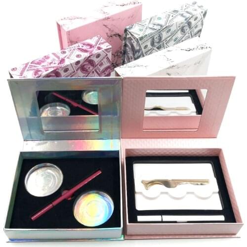 Box with mirror tweezers and Eyeliner and wholesale eyelash packaging box lash boxes packaging faux mink lashes square round box