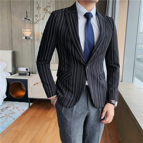 British Style Korean Slim Fit Vertical Stripes Blazer Jacket Men Clothes 2021 Long Sleeve Formal Wear Business Casual Coat Black