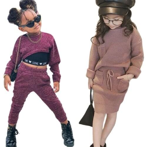Autumn and winter new girls' leisure knitting wool dress and skirt set 2020 girls' baby knitted sweater 2 pieces of tops + skirt
