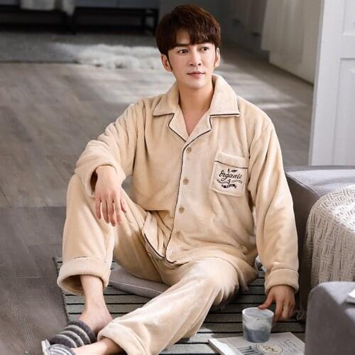 Autumn Winter Male Oversize Pajamas Thick Flannel Two-Piece Suit Leisure Homewear Coral Velvet Noble Style халат мужской