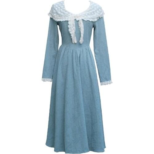 PERHAPS U Women Blue Maxi Dress Bow Collar Lace Long Sleeve Empire Vintage Dress D2198
