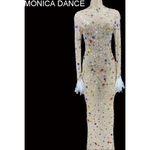 Sexy Stage Colorful Crystals Pearls Mesh Dress Prom Evening Transparent Multicolor Rhinestones Birthday Feather Sleeves Costume
