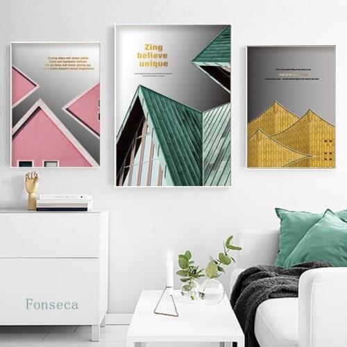 Modern Fashion Building Picture Canvas Printed Painting Pink Blue Yellow Wall Art Poster for Living Room Home Decor