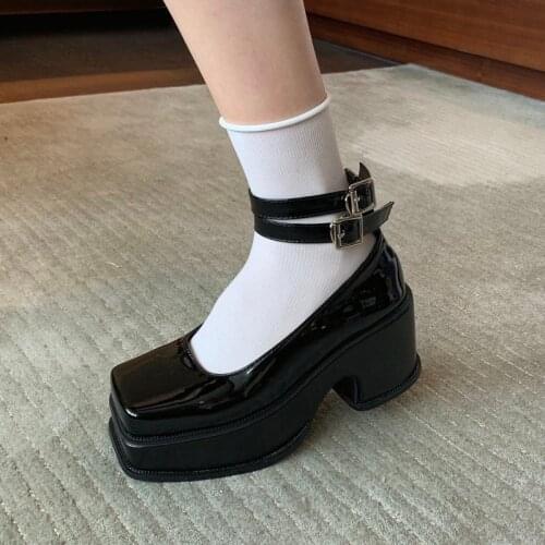 Retro Lolita Shoes Harajuku Square Toe Shoes Casual Creepers Fashion Shoes Ladies Pumps Heels Black Heels White Platform Shoes