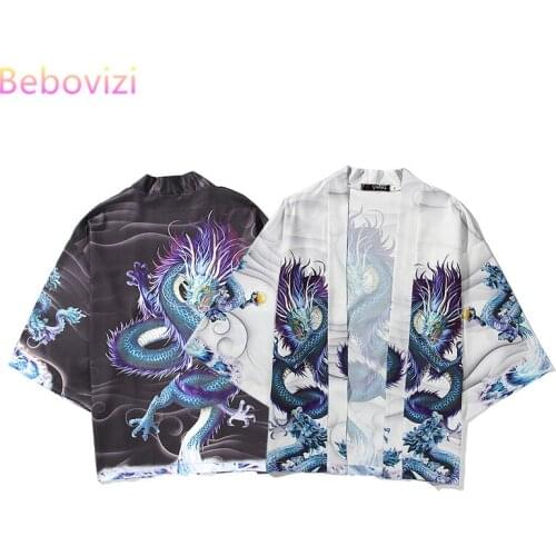 XXL Ins Black White Dragon Street Fashion Kimono Japanese Men Women Couples Wear Loose Harajuku Japan Robe Cosplay Shirts Tops