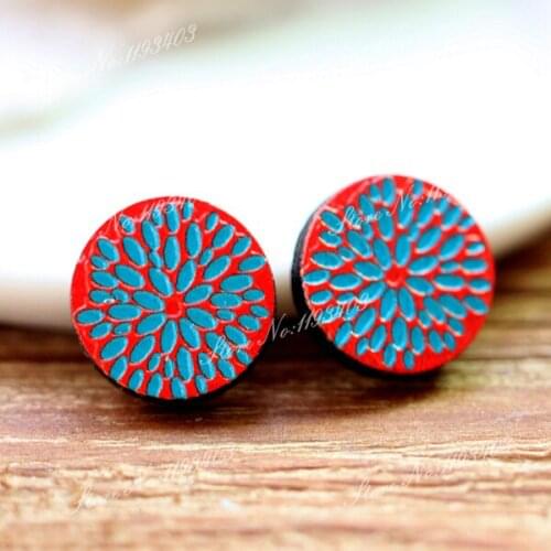 Unique 3D Flower Embossed 16mm Round Coloured Drawing pattern Laser Cut wood Cabochon DIY for Rings, Earring,Brooch,Necklace