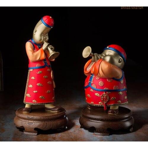 13.7in China Art Deco Pure Brass painted Two Boy perform SuoNa decorate sculpture Decoration Home Furnishings Gift Statue