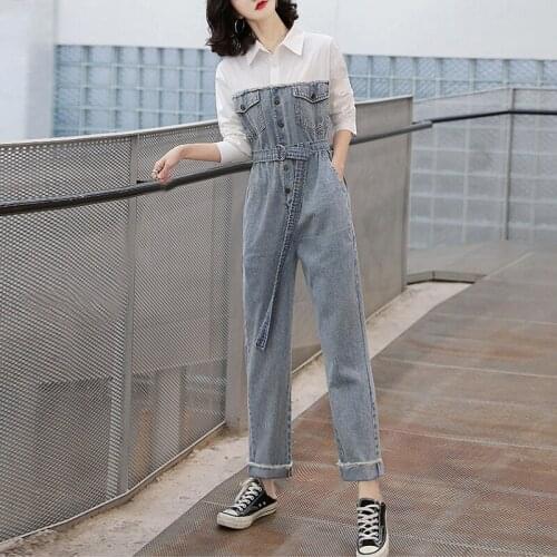 Jumpsuits Women Straight Shirt Denim Patchwork Streetwear Korean Style Chic Womens Trendy Casual Jean Spring Autumn Overall