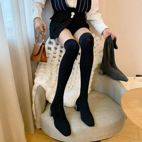 2019 Stretch Fabric Over The Knee Boots Women Sexy Square Toe Thigh High Boots Black Ladies High Heels Shoes Sock Boots 35-39