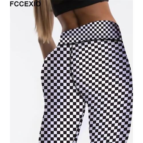 FCCEXIO Black&white Squares Print Women Sexy High Waist Elasticity Leggings Push Up Strength Pants Summer Fitness Run Trousers