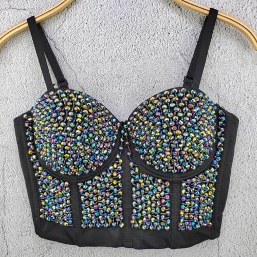 Female Singer Rivet Bra Sexy Suspender Vest Rhinestone Adjustable Crop Top American Nightclub Clothing Beyonce Stage Outfit I990