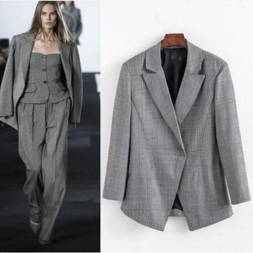 2020 New spring autumn Women Gray Plaid Office Lady Blazer Jacket Fashion Notched Collar smalll Suit Elegant Work Blazers