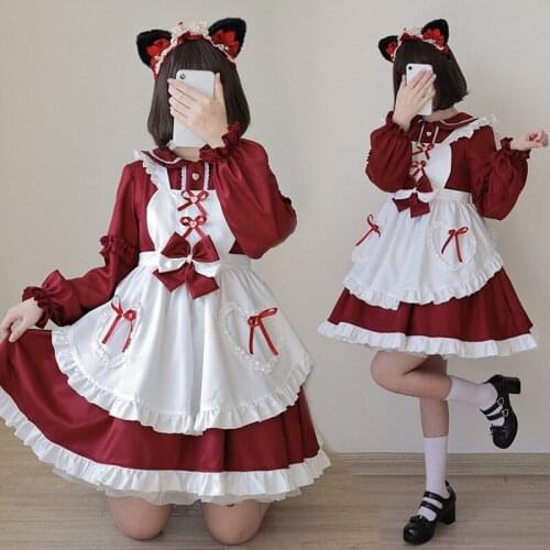 2021 Womens Dress Lolita Anime Kawaii Maid Red Dress Apron Halloween Cosplay Costume Party Cosplay Dress Up Waitress Costume