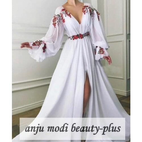 2021 Long Sleeves V Neck Prom Dresses High Split Side Long Chiffon Embroidery Formal Evening Party Ball Gown Robe De Soiree