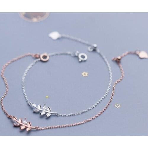 100% real. 925 Sterling silver Fine Jewelry CZ Olive Branch Leaf Chain Bracelet womens C-S3218