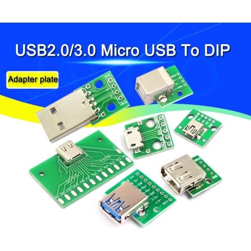 5/2PCS USB Male Connector /MINI MICRO USB to DIP Adapter Board 2.54MM Female Connector B Type-C USB2.0 3.0 Female PCB Converter