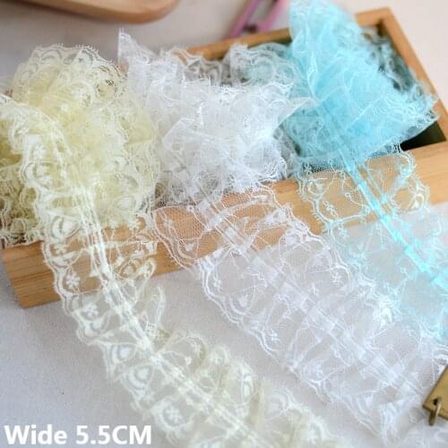 5.5CM Wide White Yellow Blue Tulle Mesh Pleated Polyester Lace Fabric Embroidered Ribbon Collar Ruffle Trim Dresses Sewing Decor