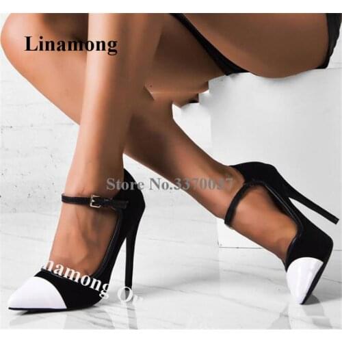 Linamong Elegant Pointed Toe Patchwork Stiletto Heel Pumps White-black Ankle Strap High Heels Formal Dress Shoes