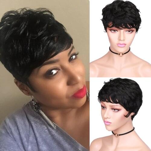 HANNE 100% Human Hair Wigs Short Wet and Wavy Remy Wig Short Curly Pixie Cut with Bangs Black Brazilian Hair None Lace Wig