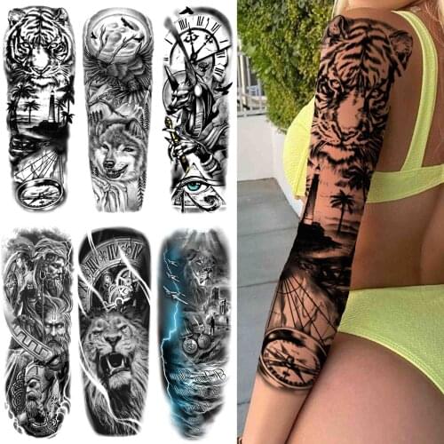 Forest Tiger Temporary Tattoos Sleeve For Women Men Adult Fake Wolf Lion Tattoo Sticker Black Clock Geometry Waterproof Tatoo