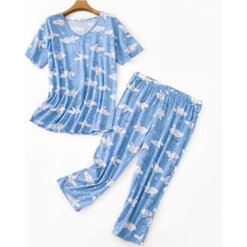 2021 Summer Female Casual Cartoon Pajama sets Ladies 100% Cotton Sleepwear suit Women pijama mujer grande women pajama short set