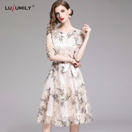 Lusumily Women Dress Spring Summer Fashion Embroidery Mesh Dresses Female High Quality Retro Style Vintage Sexy Party Dress
