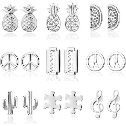 Minimalist Cute Pineapple Cactus Music Note Stud Earrings For Women Fashion Jewelry 2020 Silver Color Rose Gold Wholesale Price