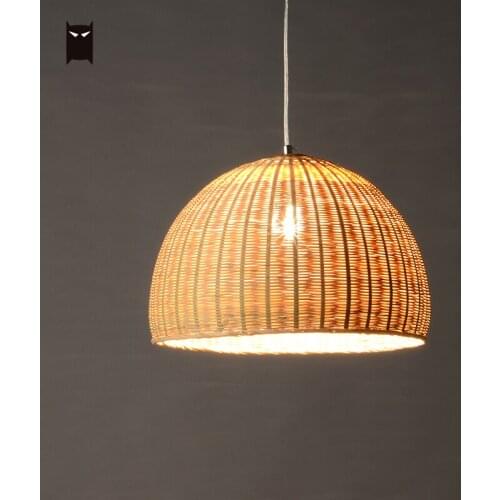 Delicate Bamboo Peel Wicker Rattan Hemisphere Pendant Lighting Fixture Hand Woven Craft Chinese Style Hanging Lamp Dining Room