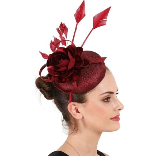4-Layer Linen Fascinators Races Hat For Women Elegant Female Bow Millinery Hat Wine Red Ladies Formal Wedding Dinner Gorgeous