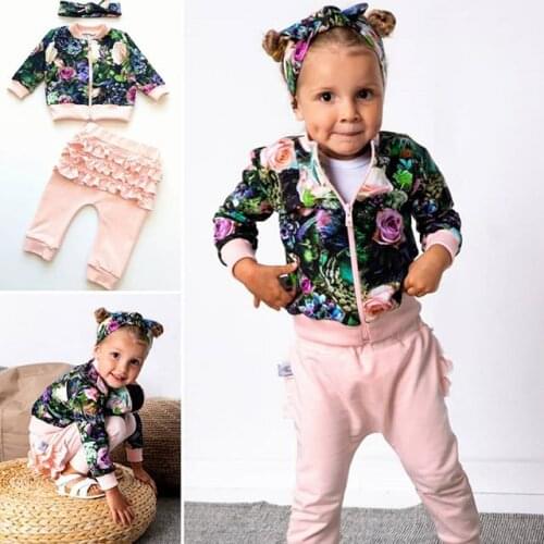 Baby Kid Girls Stylish Clothes Sets, Floral Printed Sweatshirts + Pink Ruffle Long Pant with Headband Outfits