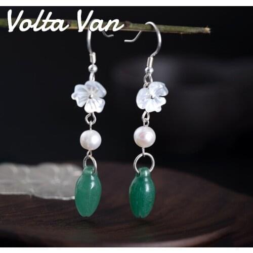 Volta Van Aventurine Drop Earrings Elegant Pearl Shell Pendientes Plata Fine Jewelry Handmade 2021 New Vintage Orchid Earrings