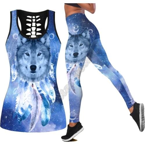 Wolf Native Legging hollow tank Combo 3D Printed Tank top Suit sexy Yoga Fitness Soft Legging Summer Women For Girl 11
