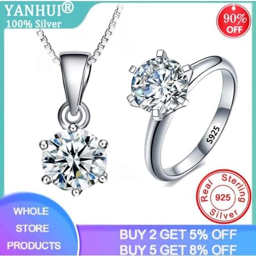 YANHUI Original 925 Sterling Silver Ring&Necklace&Pendant Set Inlay 8mm 2.0ct Zirconia Diamond Jewelry Set For Women Gift T12106