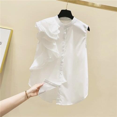 Ruffles Patchwork Women Shirts Summer New Design 2021 O-Neck Sleeveless Slim Elegant Office Lady Outwear Tops