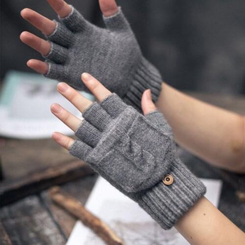 Knitted gloves female half finger flip gloves ladies winter outdoor plus velvet warm solid color student winter gloves E49