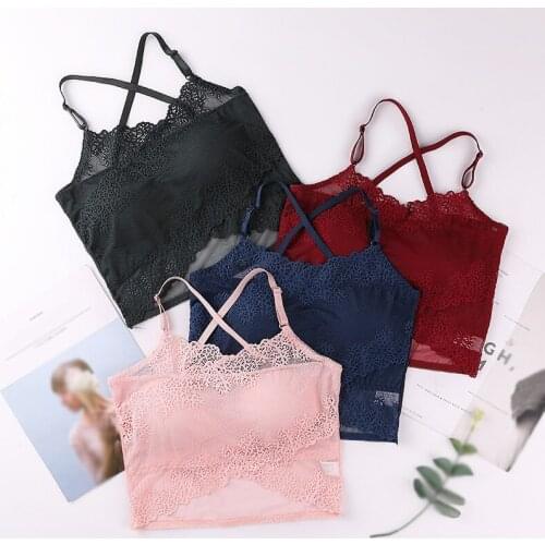 Women Embroidery Cross Back Tube Top Solid Color Vest Sexy Lace Padded Stretchy Mesh Comfortable Tube Top Women Lingerie