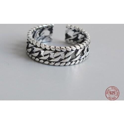 LKO Vintage Double-Deck Hemp Flowers Chain 925 Sterling Silver Open Adjustable Rings For Women Fashion Hip Hop Punk Jewelry