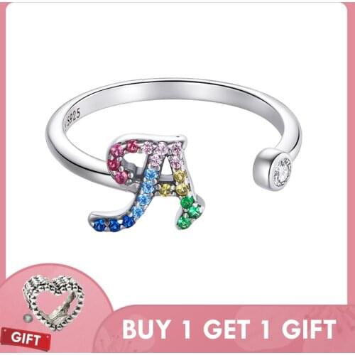 Bisaer Authentic 925 Sterling Silver Colorful Letters Open Adjustable CZ Finger Rings For Women Fine Female Jewelry ECR723