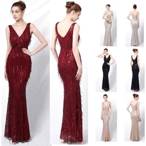 Tassel Sequins Gold Evening Dress Sexy Sleeveless V-neck Party Prom Dress Women Formal Robe De Soriee Mermaid Long Vestidos