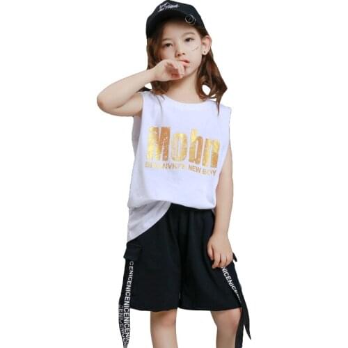 2PCs Kids Girls Street Dance Clothes Children Hip Hop Costume Causal Tshirt Overalls Shorts Sportswear Set