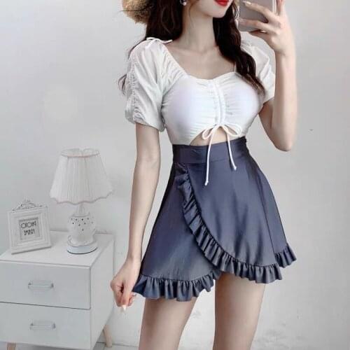 2021 Korean Sexy Drawstring High Waist Swimwear Women One Piece Swimsuit Female Patchwork Monokini Bathing Suit Swim Wear